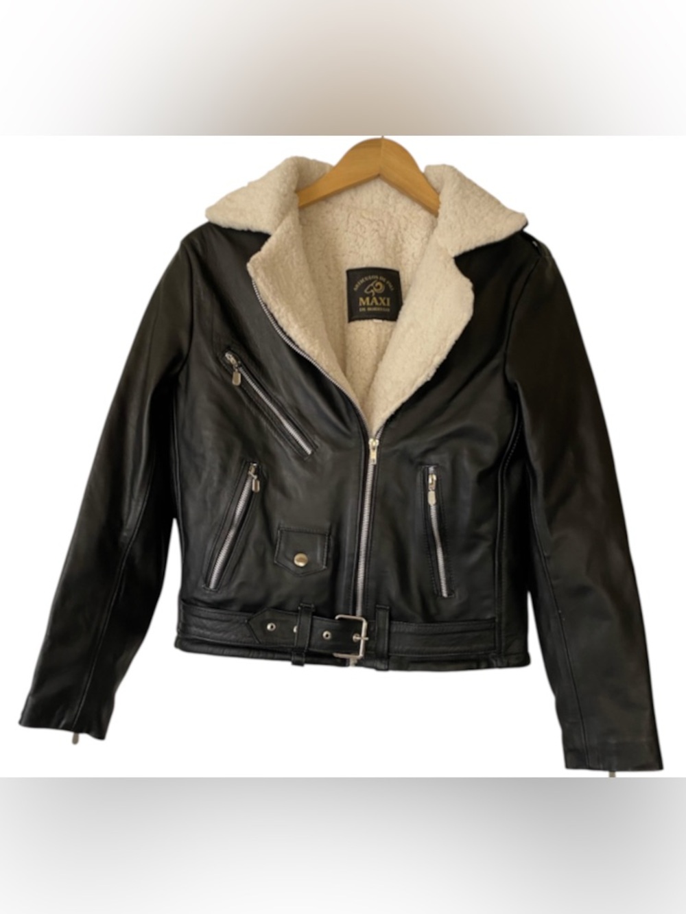 MAXI Black Leather Shearling Lined Motorcycle  Jacket Size S